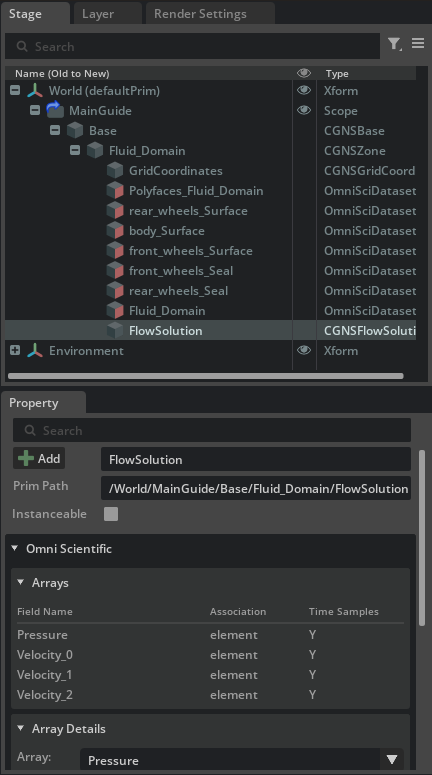 FlowSolution selected with its arrays listed in the Properties panel