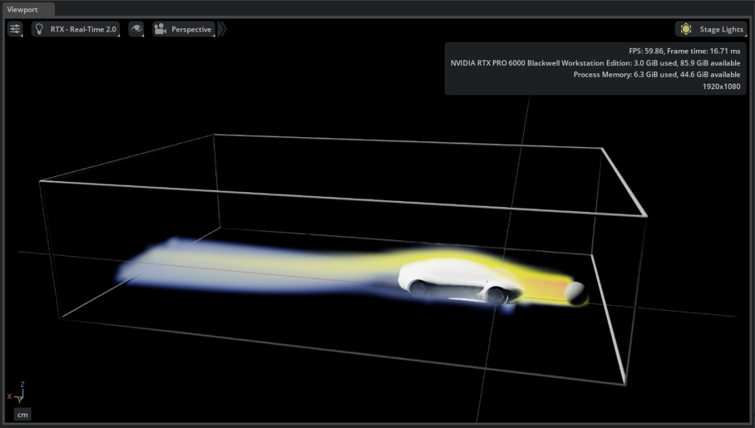 Flow visualization showing particles streaming around the vehicle