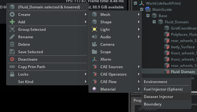 CAE Flow menu showing Dataset Injector after creating an Environment