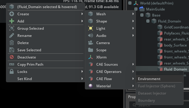 CAE Flow menu with Environment available for the selected dataset