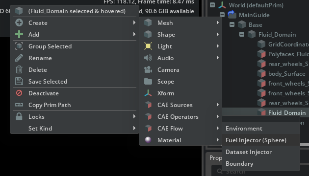 CAE Flow menu showing Fuel Injector Sphere after creating an Environment