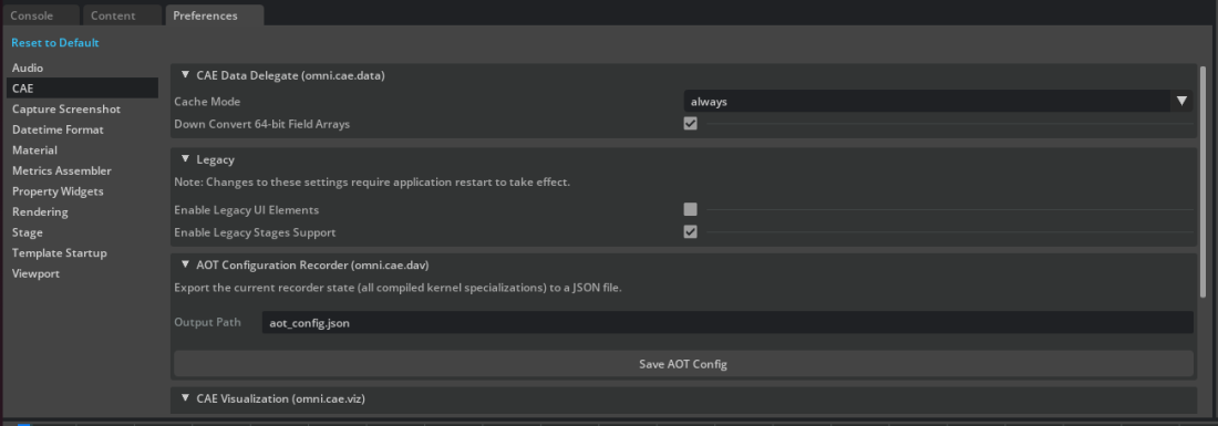 CAE Preferences panel showing Data Delegate, Legacy, and AOT Configuration settings