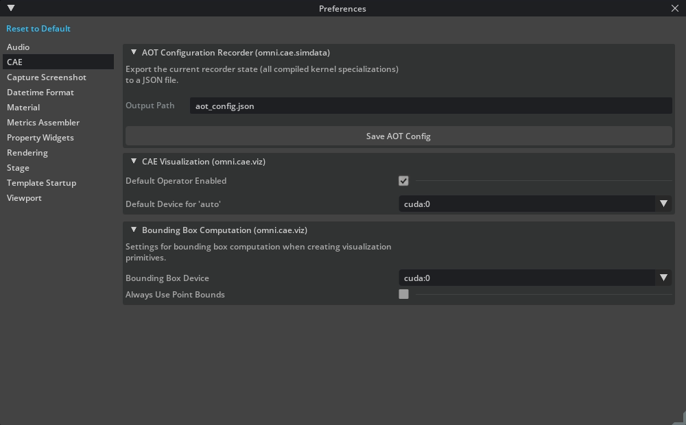 CAE Preferences page showing AOT, visualization, and bounding box settings