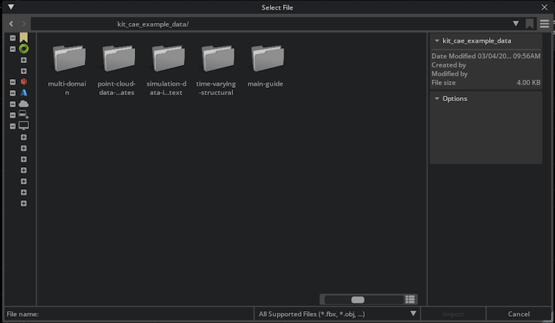 Import dialog showing the sample data directory with available datasets