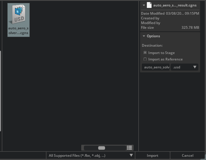 Kit-CAE 3.0 import dialog with Import to Stage selected