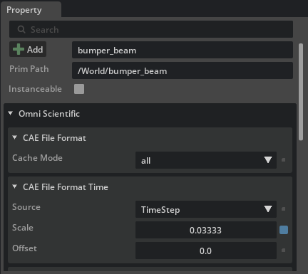 CAE File Format Time properties with TimeStep, scale 0.03333, and offset 0