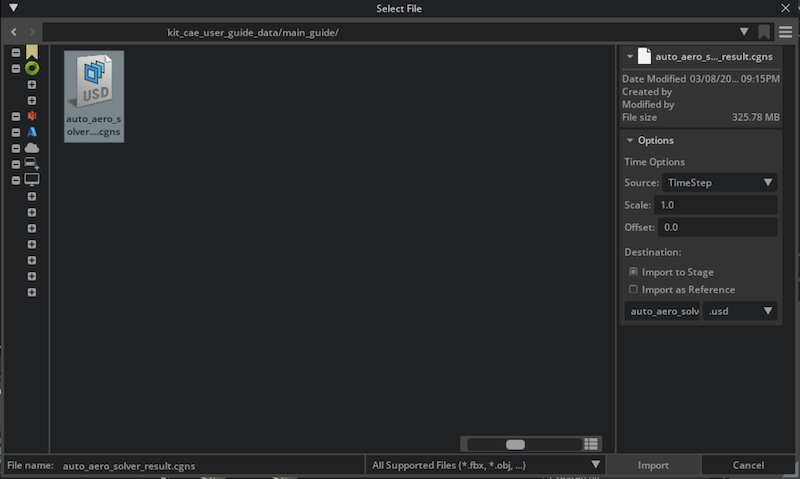 Import dialog with auto_aero_solver_result.cgns selected