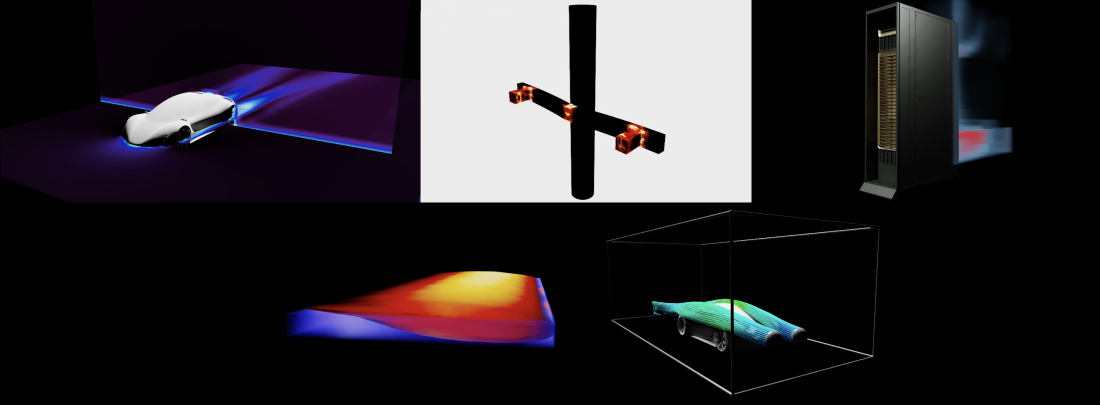 Kit-CAE visualization examples showing vehicle aerodynamics, structural analysis, thermal simulation, and AI surrogate data