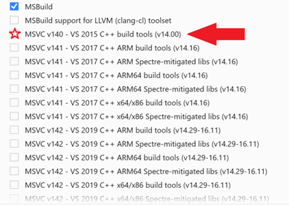 MSVC build tools installation options