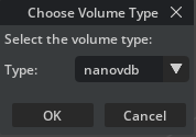 Volume type dialog with nanovdb selected