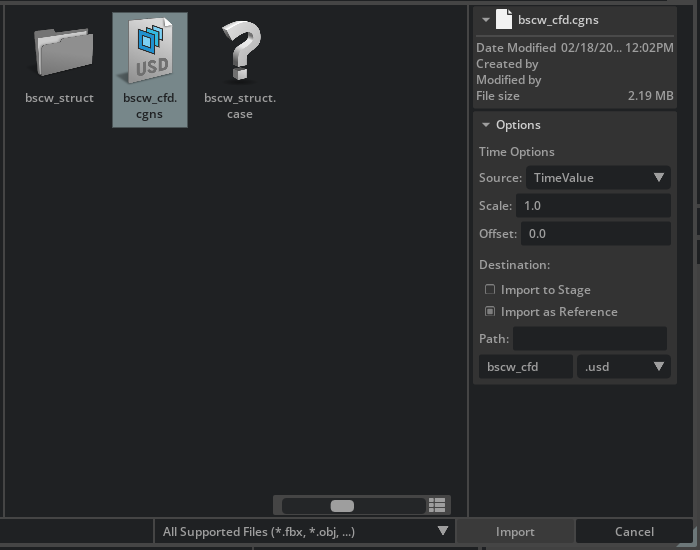 Import dialog with bscw_cfd.cgns selected and TimeValue source