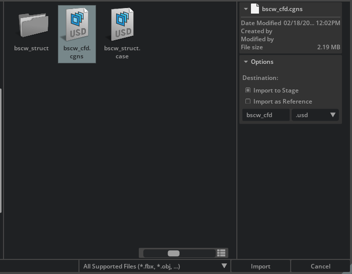 Import dialog with the CFD CGNS dataset selected