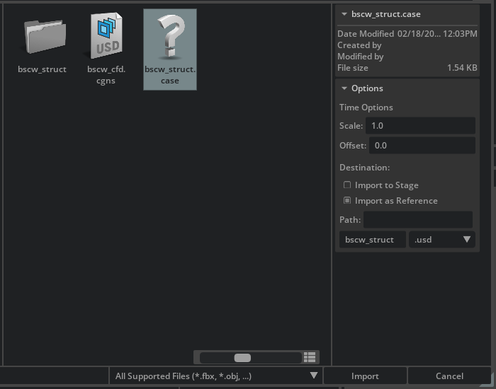 Import dialog with bscw_struct.case selected