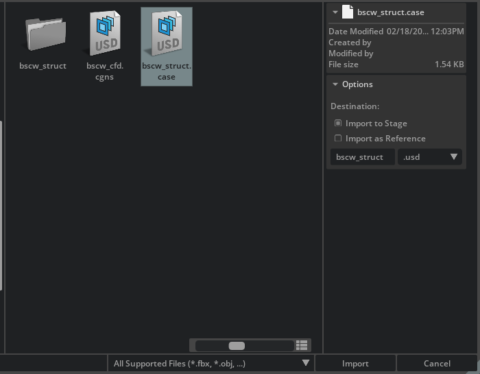 Import dialog with the structural EnSight dataset selected