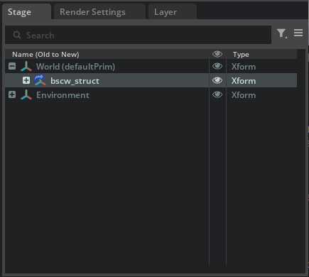 Stage panel showing the imported bscw_struct prim
