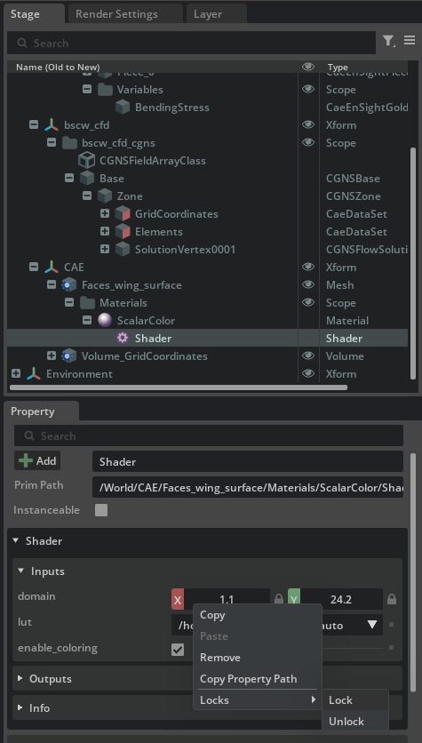 Property panel showing domain fields with Lock selected