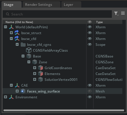 Stage panel with Faces_wing_surface visibility toggled off