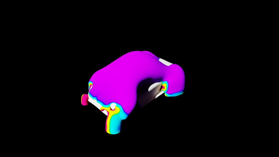 Pressure iso-surface from the vehicle-aerodynamics dataset colored by velocity
