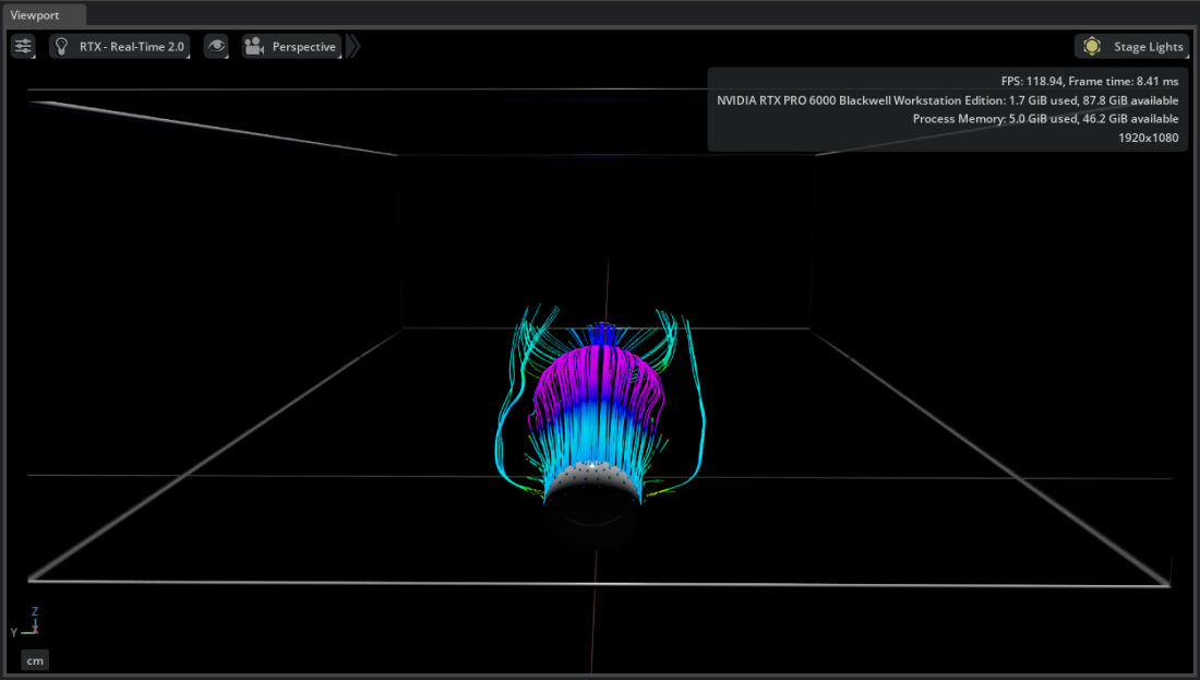 Streamlines traced through a velocity field from sphere seeds