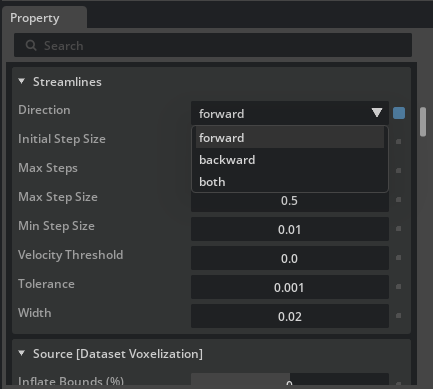Streamlines property panel showing Direction set to Forward