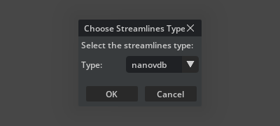 Choose Streamlines Type dialog with nanovdb selected