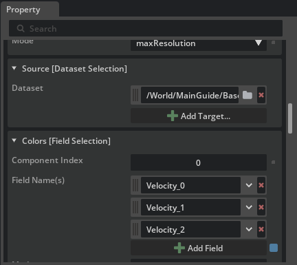 Volume color field selection using three velocity components