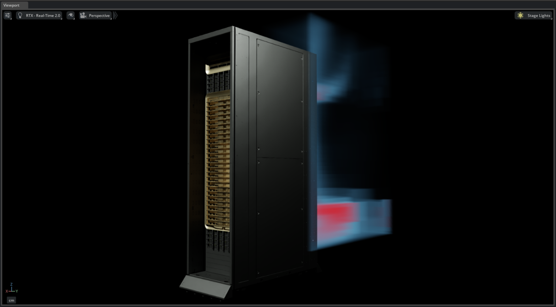 GB300 server rack with a thermal volume in the hot-aisle region