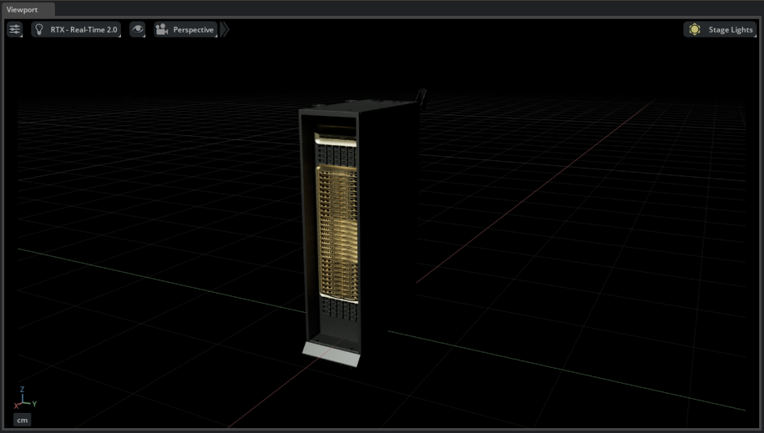 GB300 rack visible in the Viewport after opening the USD file