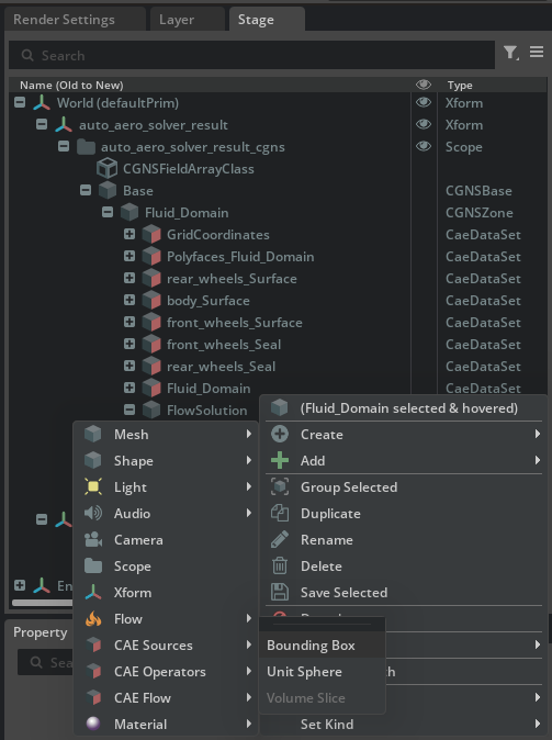 Right-click context menu showing Create, CAE Sources, Bounding Box