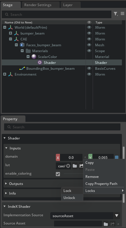 Property panel showing domain set to 0 and 0.065 with Lock selected