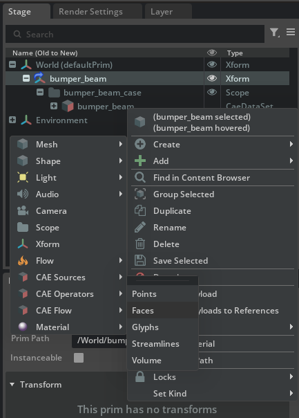 Context menu showing Create, CAE Operations, Faces