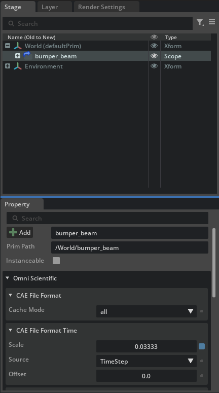 Imported bumper_beam dataset with TimeStep source and scale set to 0.0333333333