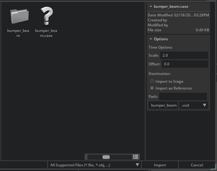 Import dialog with bumper_beam.case selected and Scale set to 2