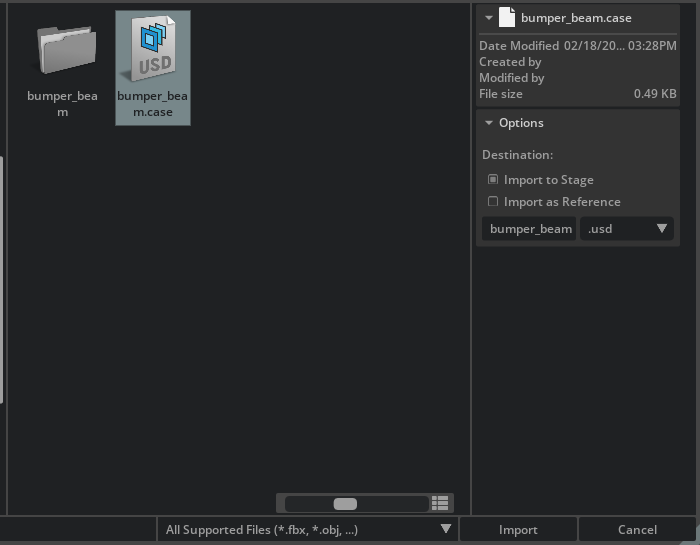 Import dialog with the bumper-beam dataset selected and Import to Stage enabled