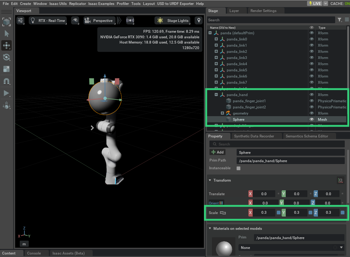 The Franka USD with a mesh sphere that does not have collision API and is visible