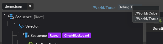 Debug Target dropdown listing prims with behavior trees