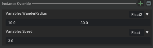 Instance Override rows tuning WanderRadius and Speed for one prim