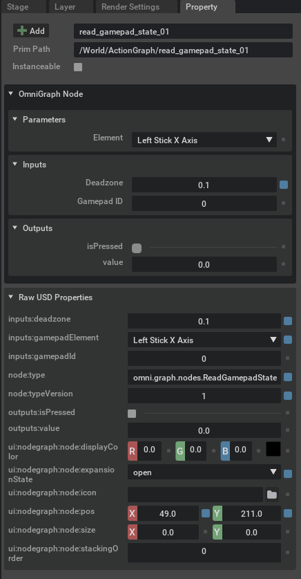 USD Property Panel for the GamePad Node