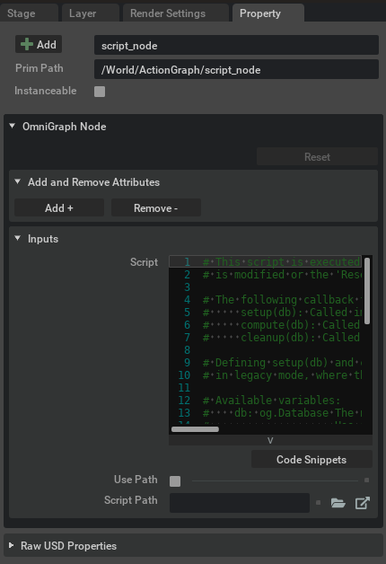 Property Panel for the Script Node