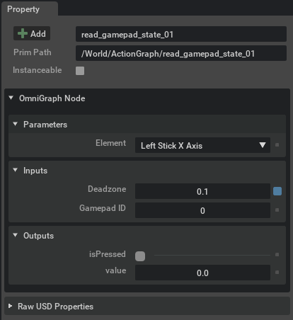OmniGraph Property Panel for the GamePad Node