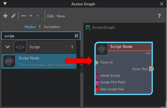 The Script Node being added to a graph