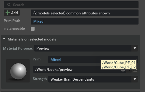Multi-selection, Preview, shared material with prim tooltip