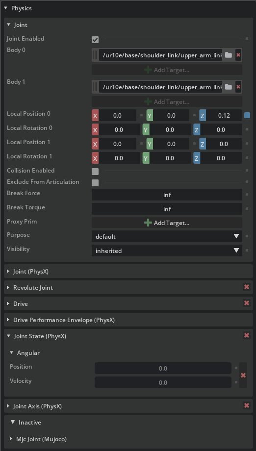 Property panel with PhysX active and MuJoCo inactive