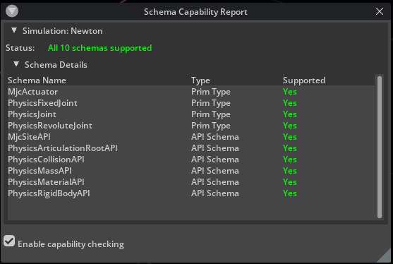 Schema capability report window