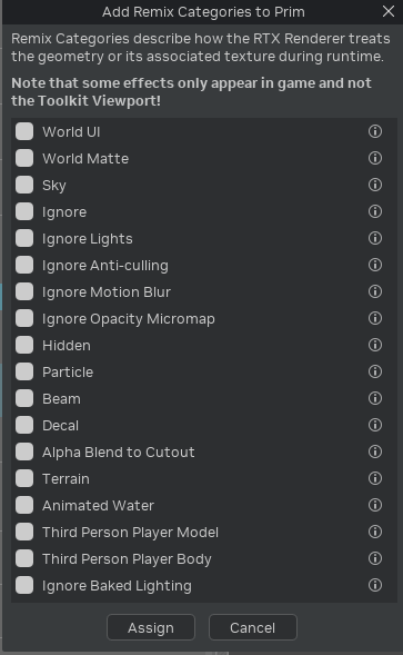 Render Categories Window
