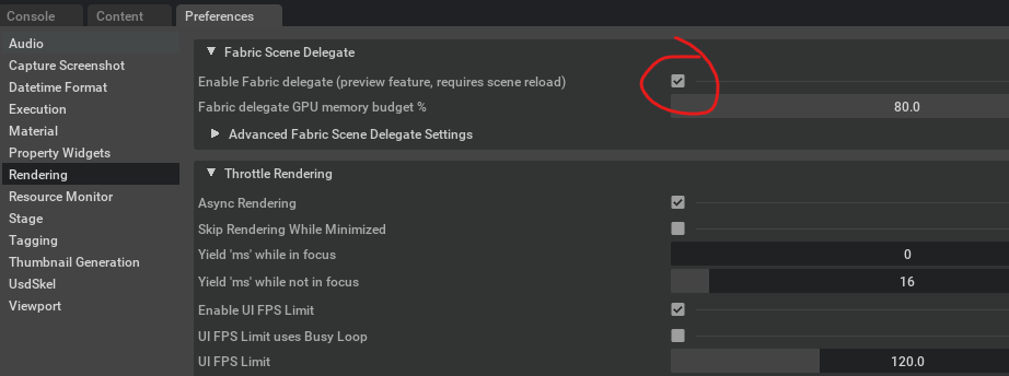 Enable Fabric Scene Delegate in rendering preferences