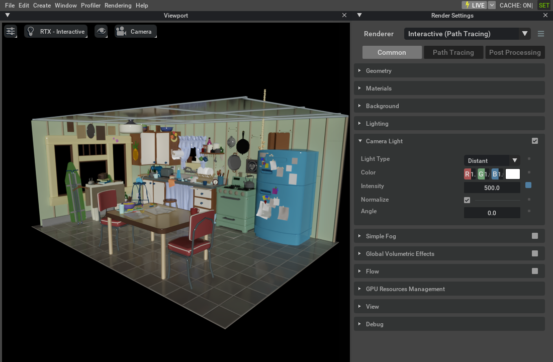Kitchen Set illuminated by Distant Camera Light, with Intensity, Normalize, and Angle controls visible.
