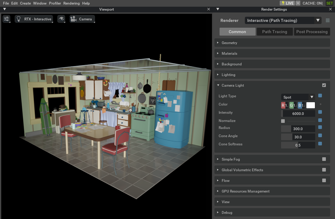 Kitchen Set illuminated by Spot Camera Light, with Normalize disabled and Radius, Cone Angle, and Cone Softness controls visible.