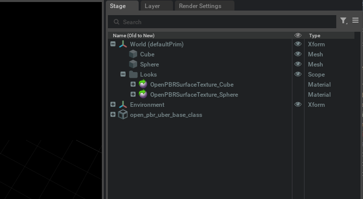 Stage with two OpenPBR Surface Texture materials deriving from one class