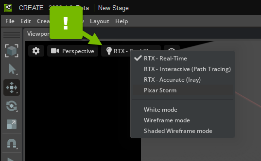 Screenshot highlighting the render mode dropdown in Create